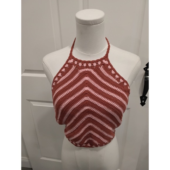 Forever 21 Tops - Forever 21 Pink Rust Crochet Halter Top Chevron Boho Festival Crop Tank Medium